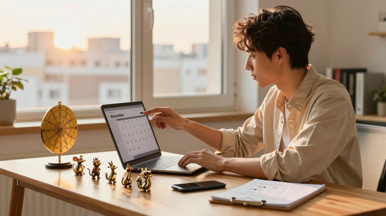 Pessoa sentada à secretária a consultar calendário no portátil num espaço iluminado pela luz do dia.