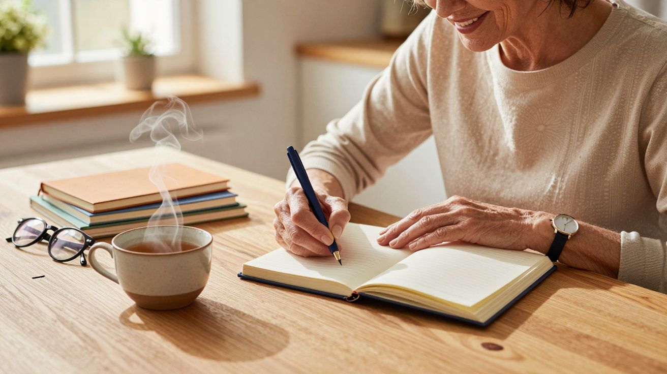 Pessoa a escrever num caderno aberto numa mesa de madeira, ao lado de chá quente, óculos e livros.