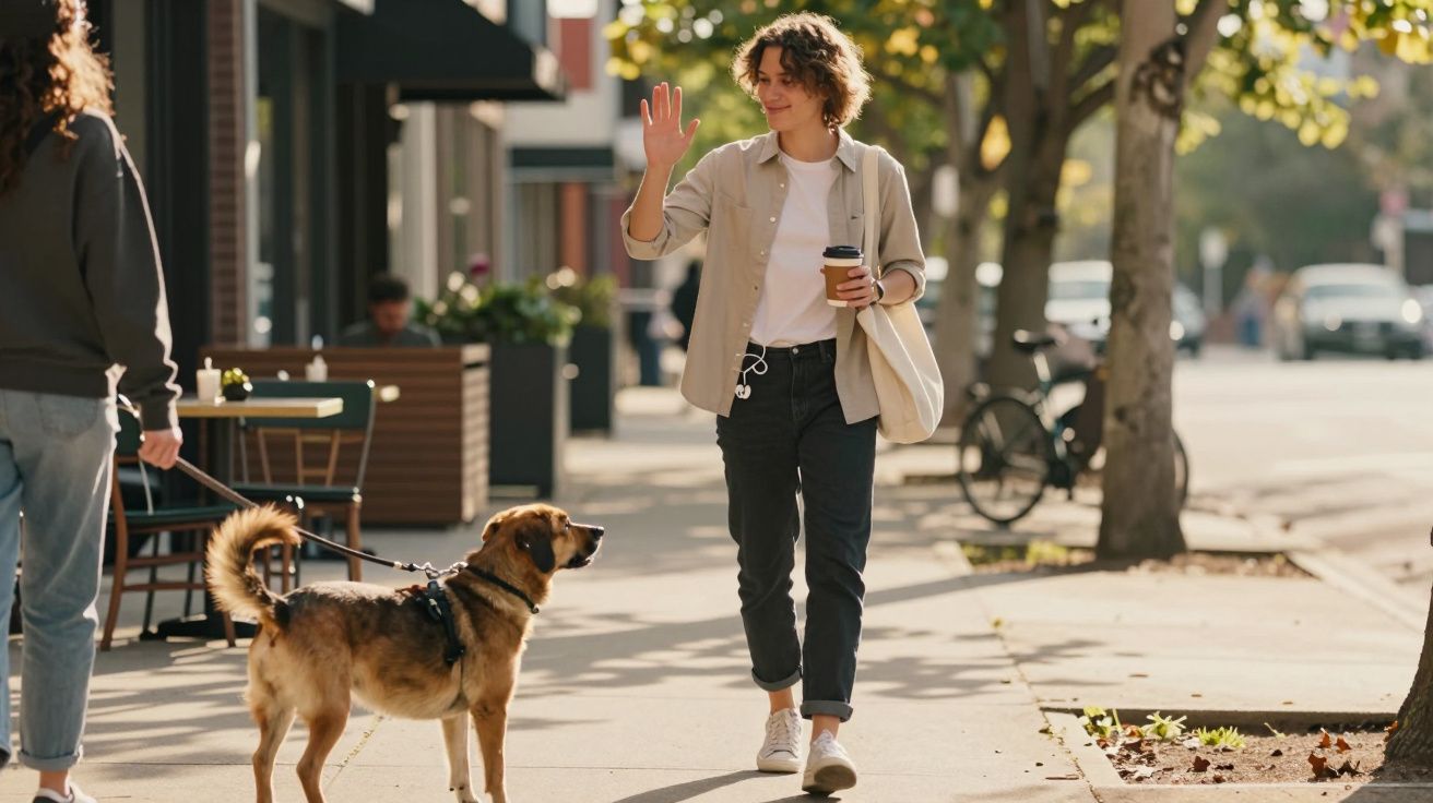Pessoa sorridente a acenar enquanto segura um café e um cão passeia na rua numa tarde ensolarada.