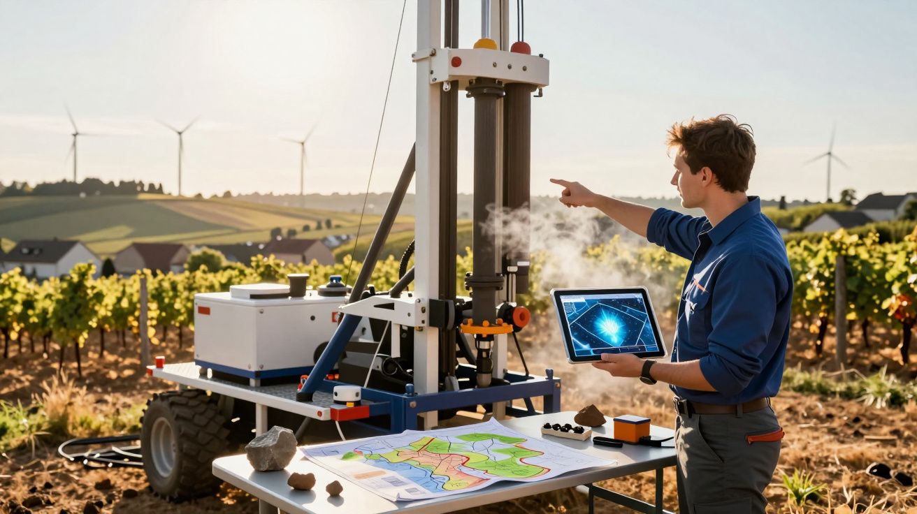 Homem com tablet inspecciona equipamento de perfuração no campo com vinhas e turbinas eólicas ao fundo.