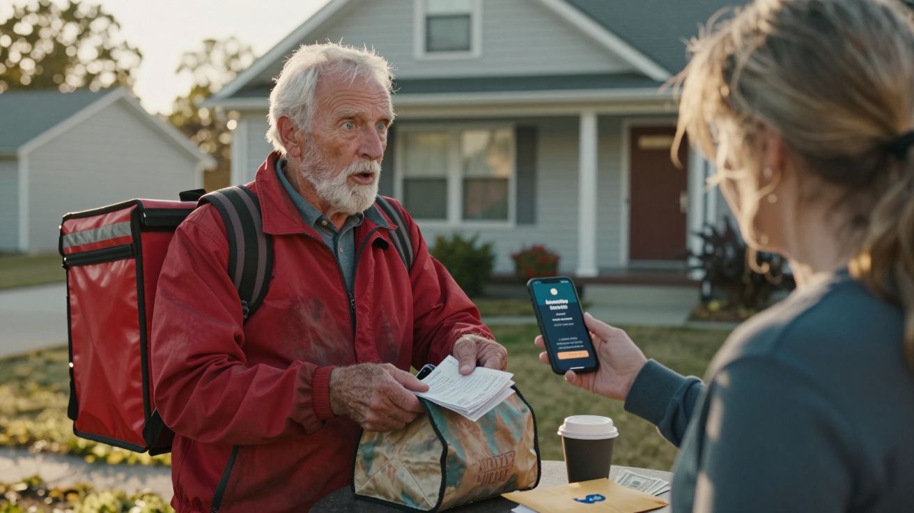 Homem sénior com mochila vermelha entrega encomenda a mulher que confirma no telemóvel junto a uma casa.