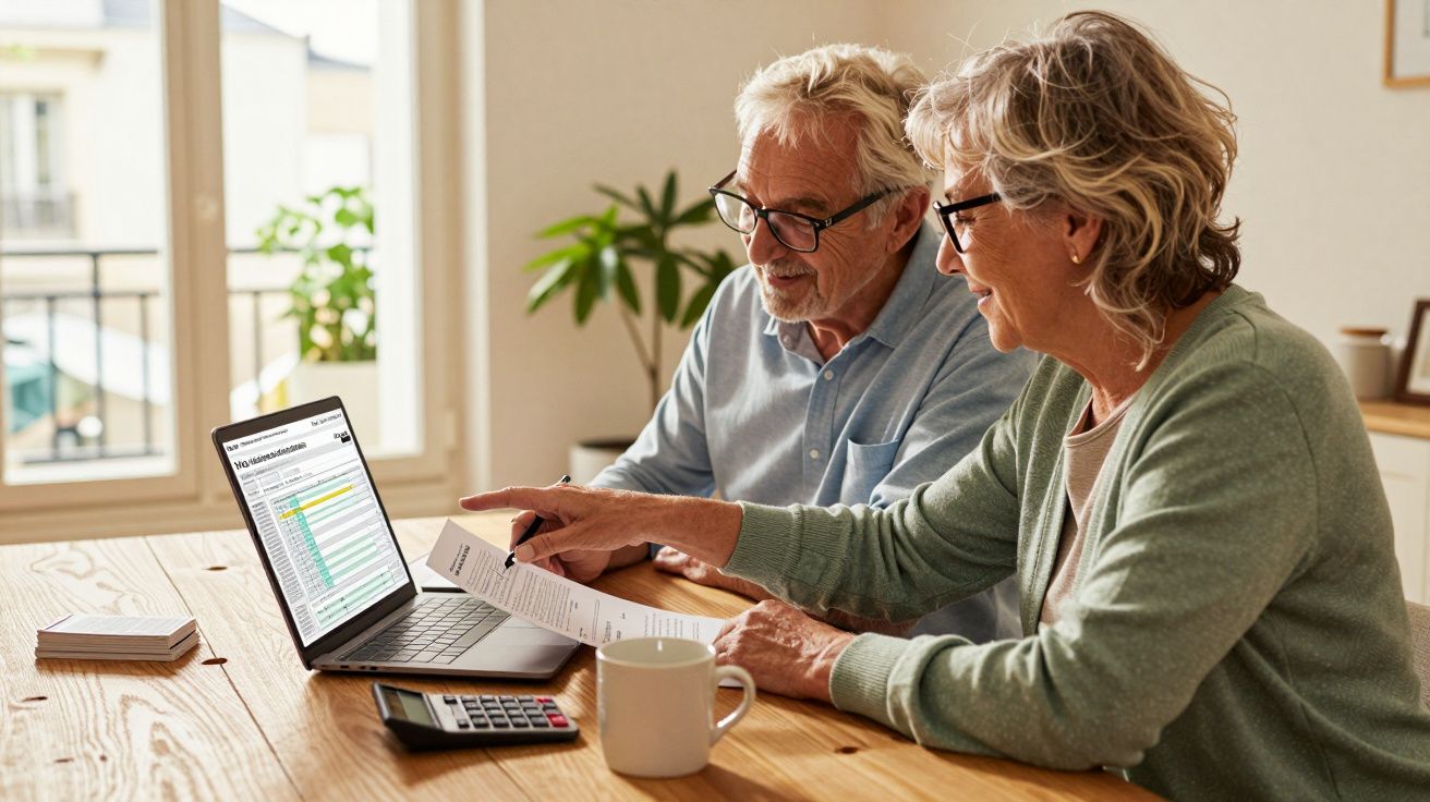 Casal sénior sentado à mesa a analisar documentos e dados numa tabela no computador portátil.