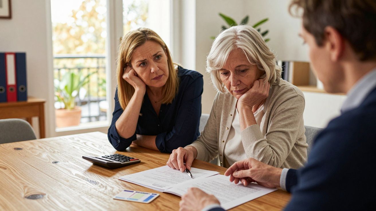 Três adultos a discutir documentos e finanças numa mesa de madeira numa sala com janela grande.