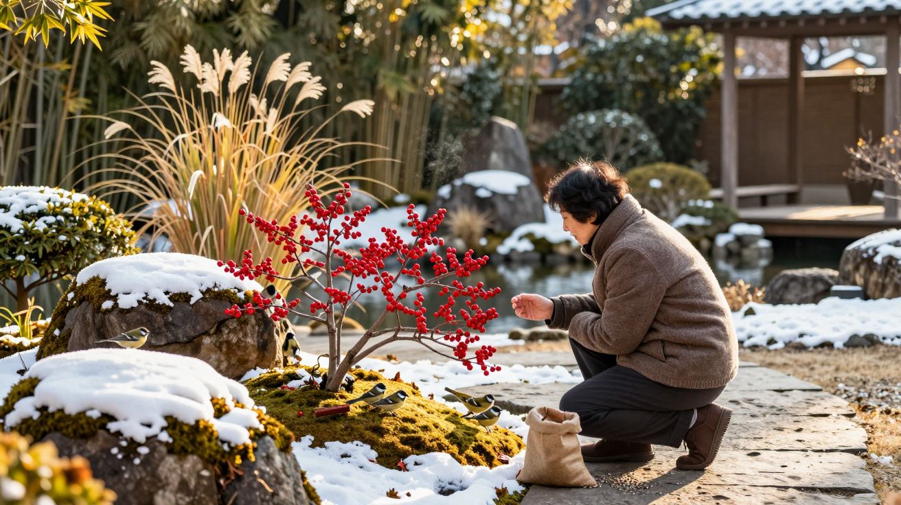 Pessoa idosa a agachar-se num jardim de inverno com neve, perto de arbusto com bagas vermelhas e pedras.