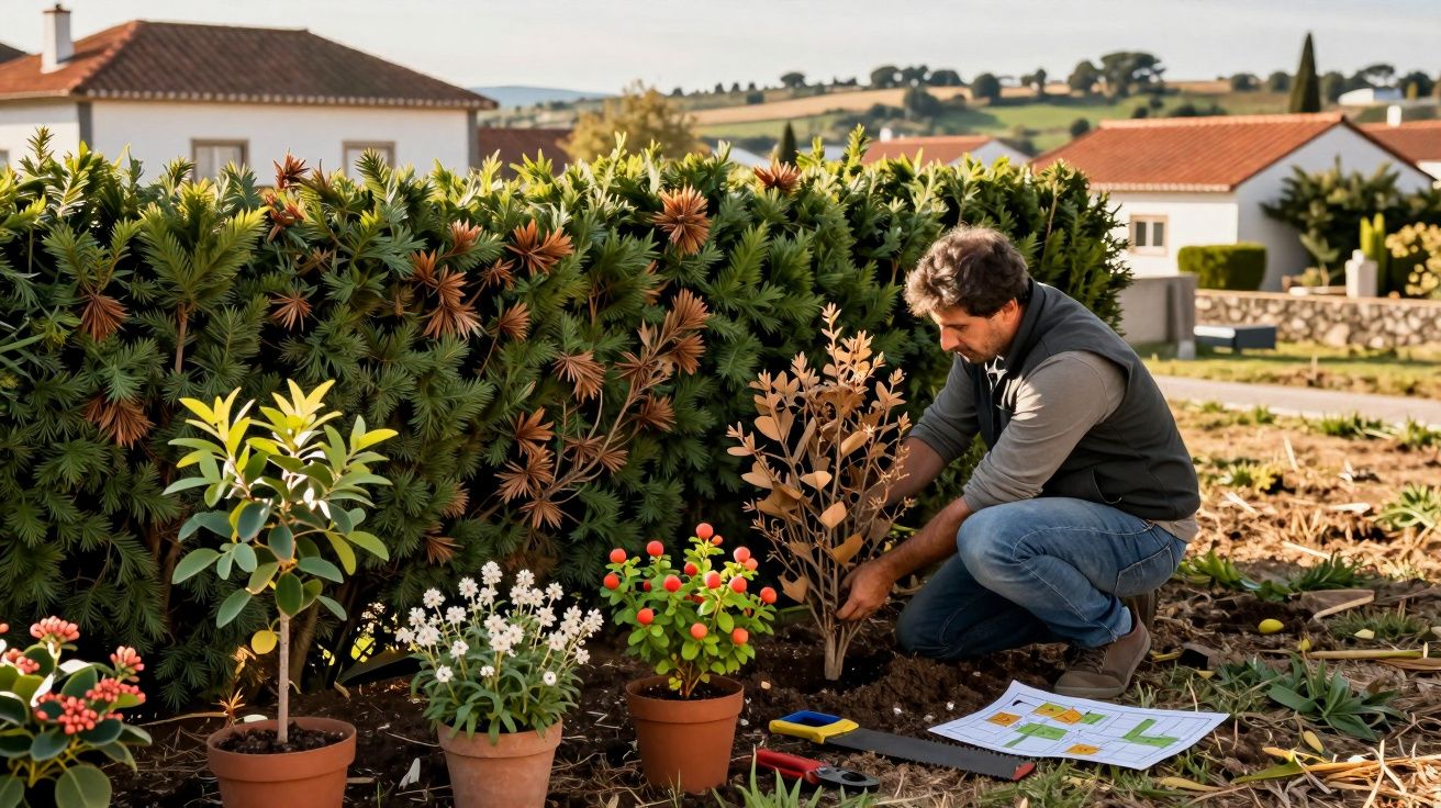 Homem a plantar uma árvore seca em jardim com várias plantas em vasos e casas ao fundo.