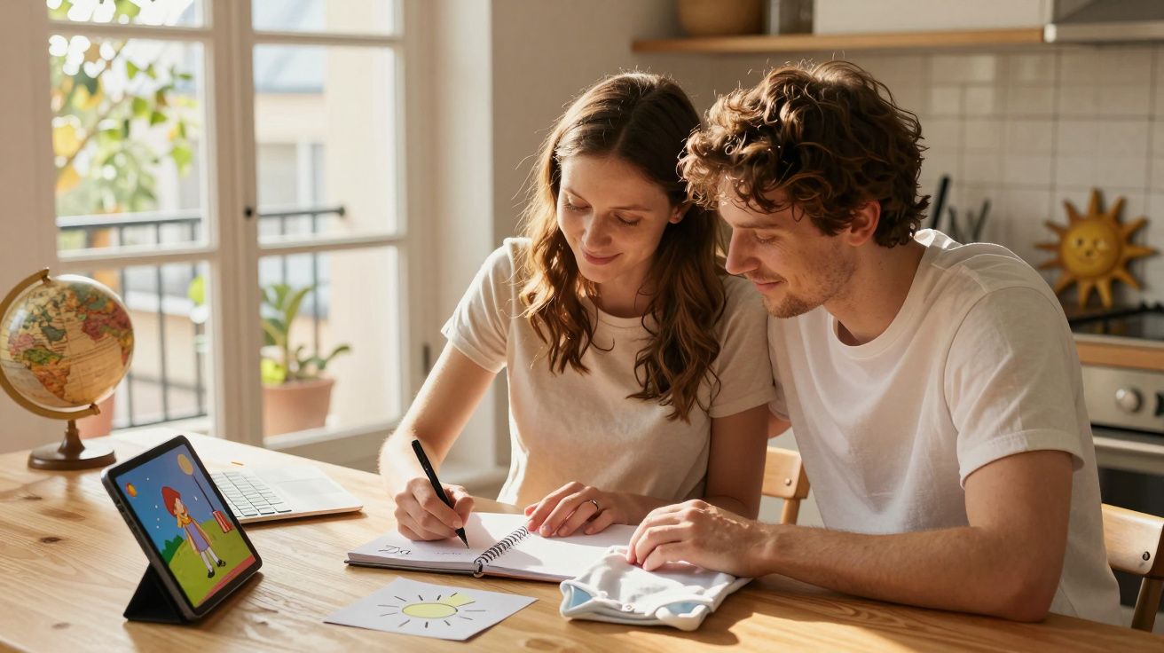 Casal jovem sentado à mesa a desenhar e ver desenho animado num tablet numa sala iluminada.