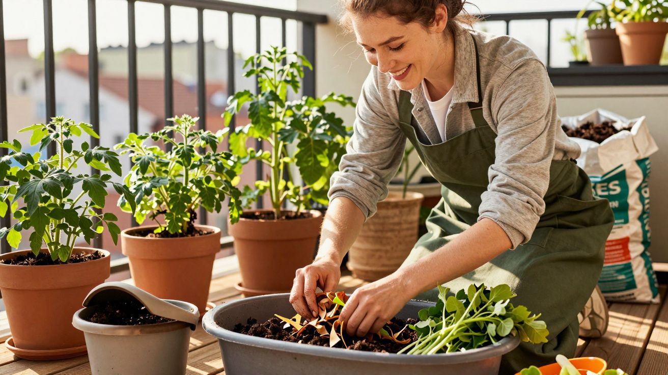 Mulher a cuidar de plantas num vaso, num varanda iluminada, com várias plantas em vasos ao redor.