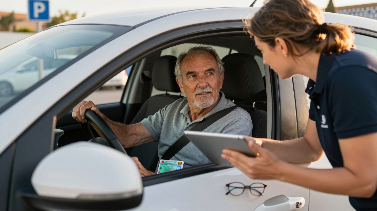 Homem idoso ao volante de carro conversa com instrutora que segura um tablet junto à janela do carro.