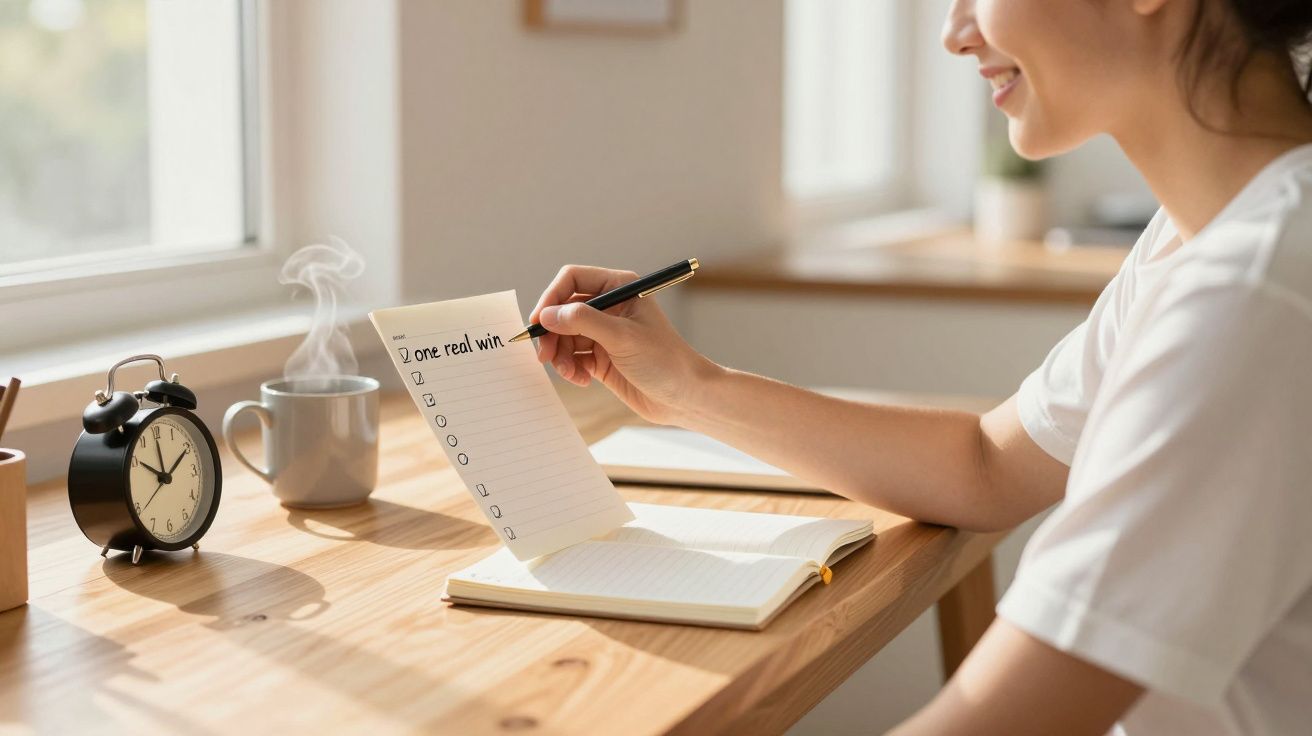 Pessoa a sorrir escreve lista de tarefas numa mesa com relógio e chá quente perto da janela.