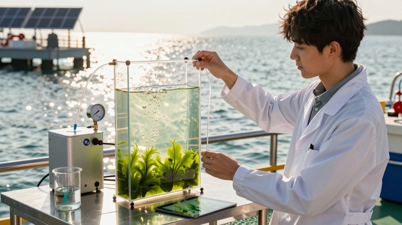 Cientista com bata branca examina tanque com plantas aquáticas em laboratório flutuante junto ao mar.