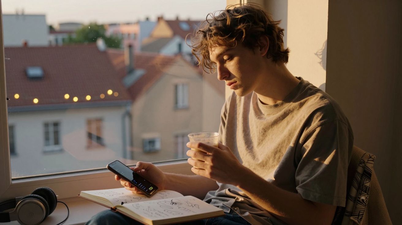 Jovem sentado junto a uma janela, a olhar para o telemóvel e a segurar um copo, com um caderno aberto à frente.
