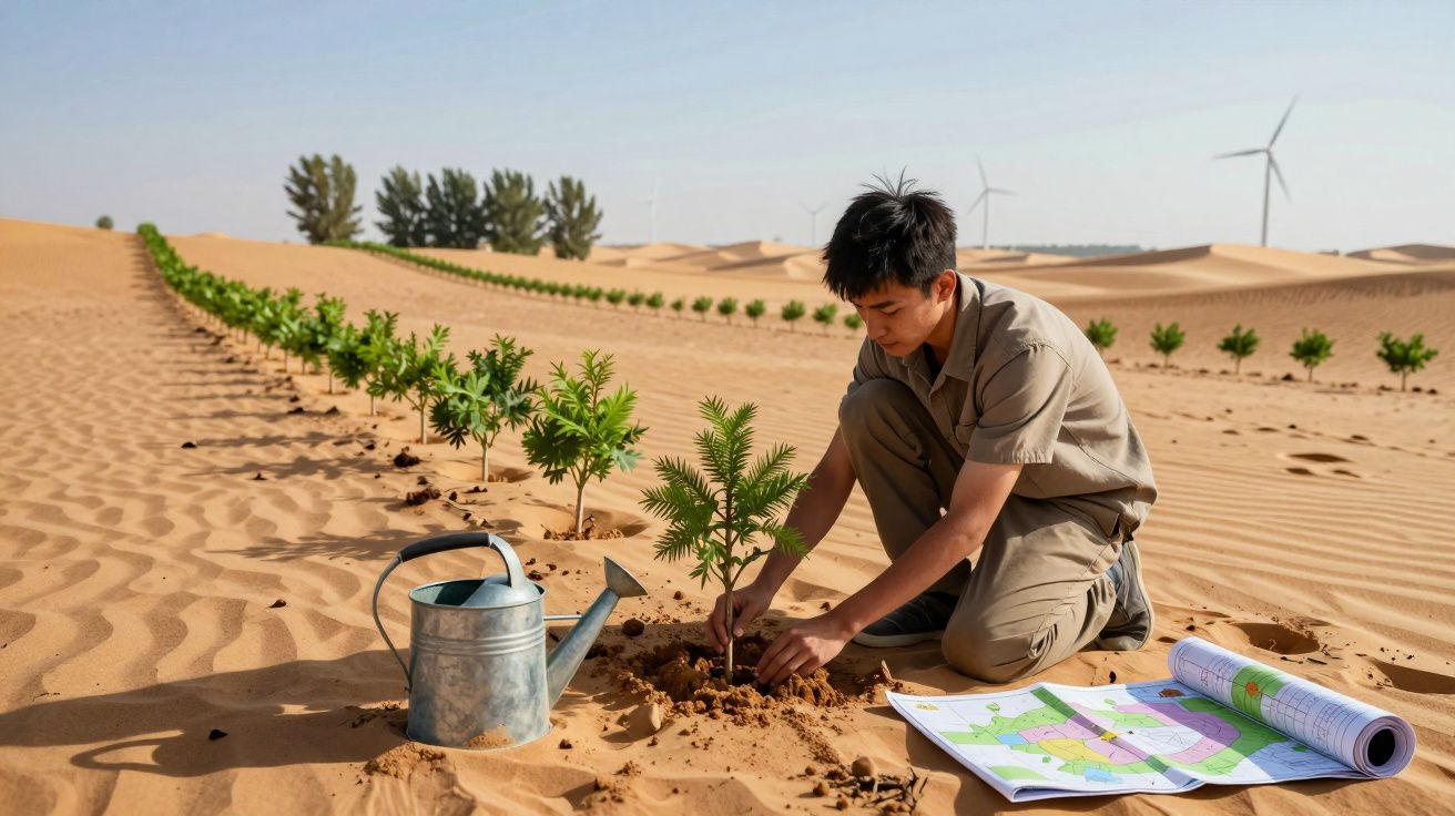 Jovem planta árvore num deserto com regador e mapas ao lado, com turbinas eólicas ao fundo.