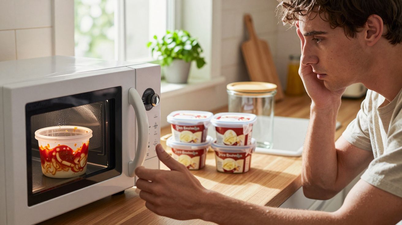 Homem a aquecer uma taça de gelado no micro-ondas numa cozinha moderna.