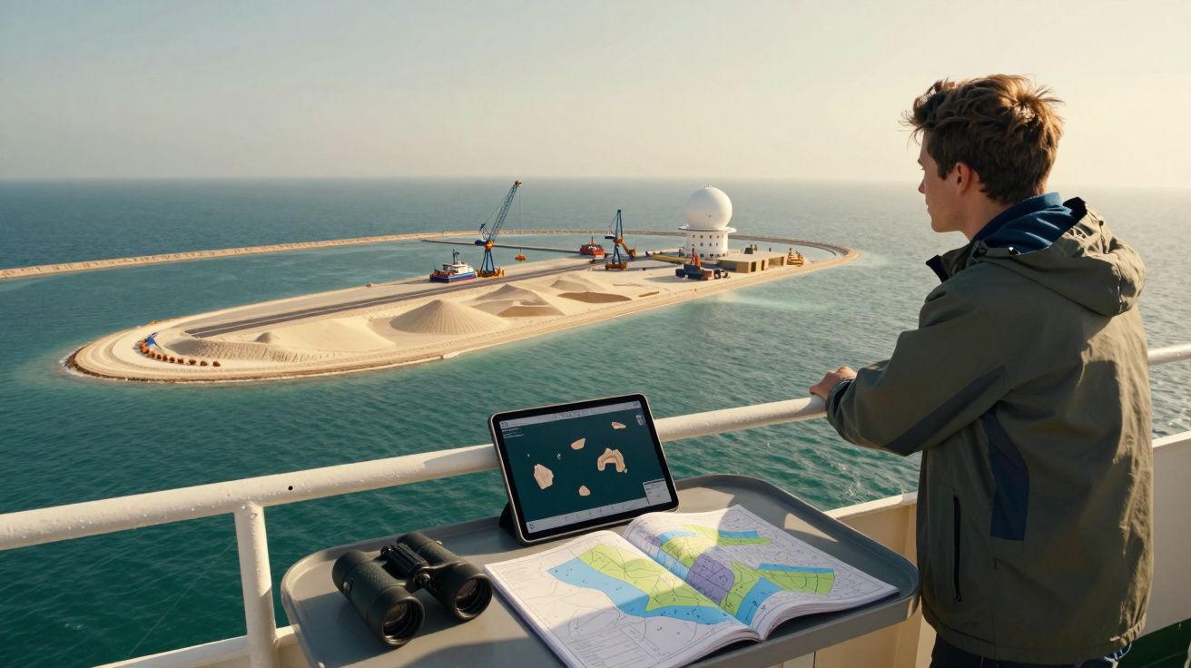 Jovem observa ilha artificial com equipamento de radar, mapas e binóculos num convés sobre o mar calmo.