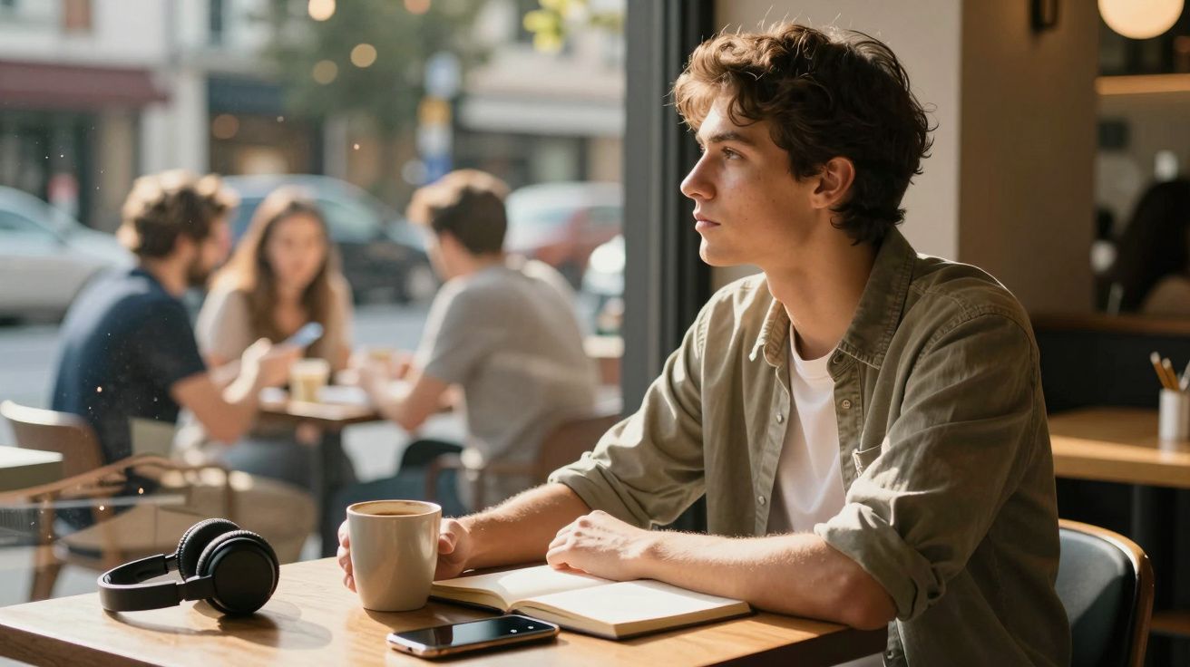 Jovem sentado numa mesa de café, com chá, auscultadores, telemóvel e caderno, a olhar pela janela.