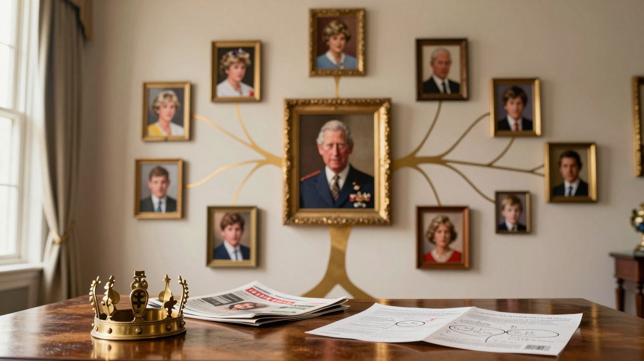 Mesa com coroa, jornais e documentos em primeiro plano, e árvores genealógicas da família real penduradas na parede.