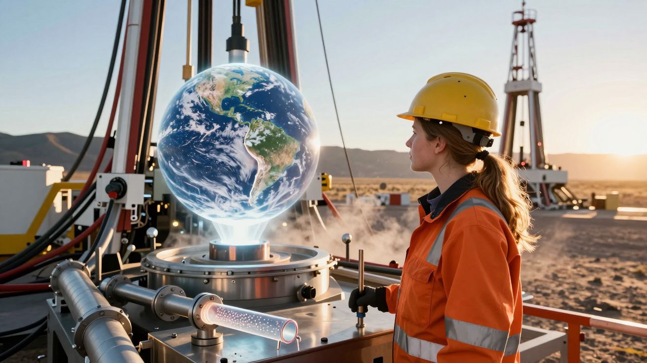 Mulher com capacete e uniforme de segurança observa globo terrestre holográfico numa plataforma industrial ao pôr do sol.