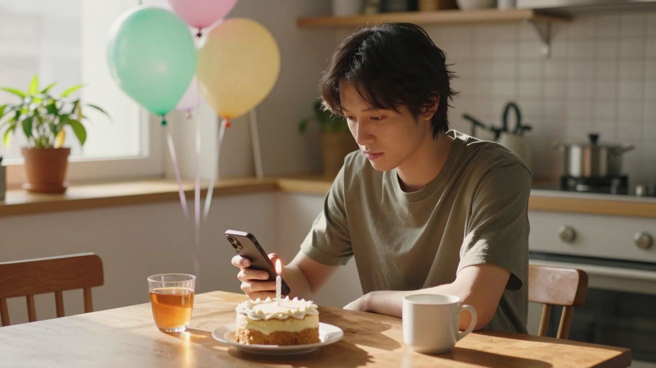 Jovem a olhar para o telemóvel sentado à mesa com bolo de aniversário e balões atrás numa cozinha.