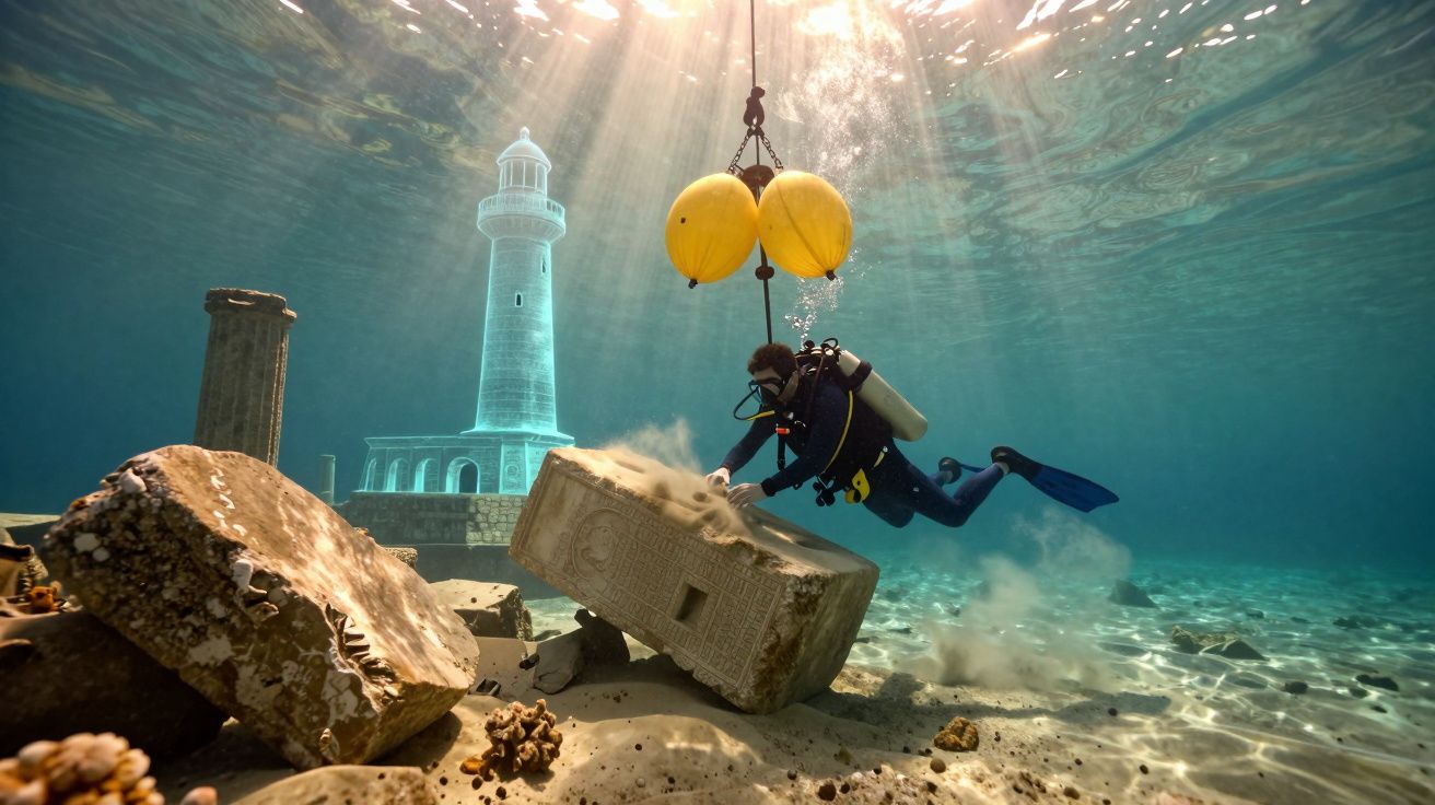 Mergulhador explora ruínas subaquáticas com bóias amarelas perto de farol iluminado pela luz solar.