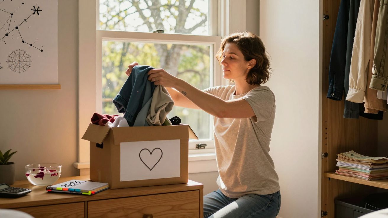 Mulher a arrumar roupas numa caixa de papelão com símbolo de coração junto a uma janela iluminada.