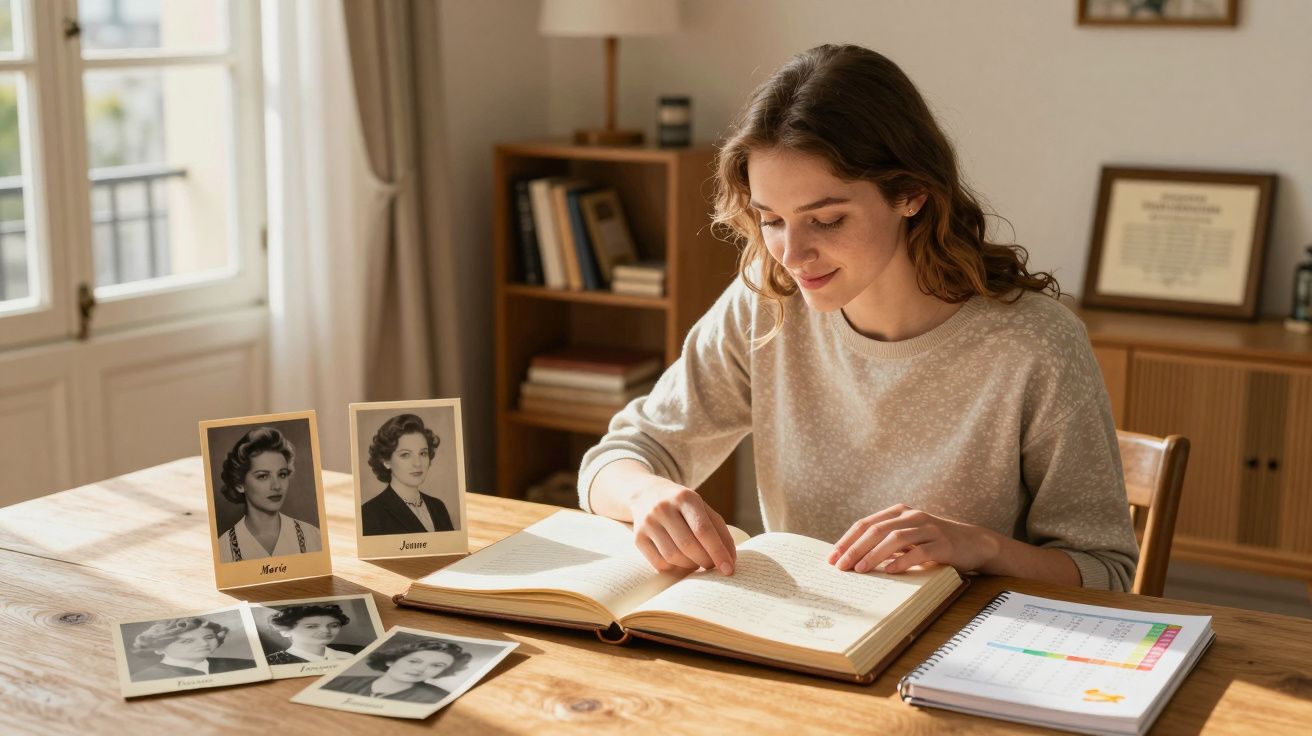 Jovem lê livro antigo à mesa com fotografias a preto e branco de mulheres à sua frente.