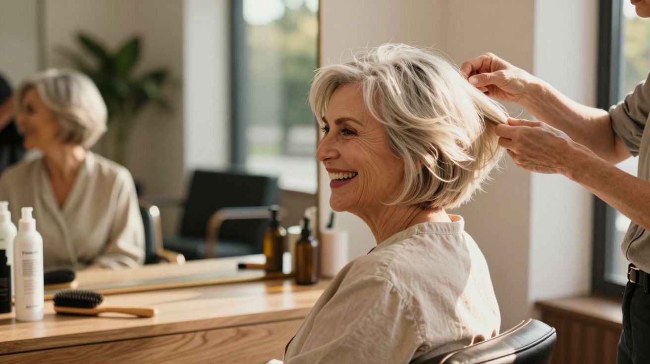 Mulher idosa sorridente sentada num salão enquanto um cabeleireiro arruma o seu cabelo cinzento.