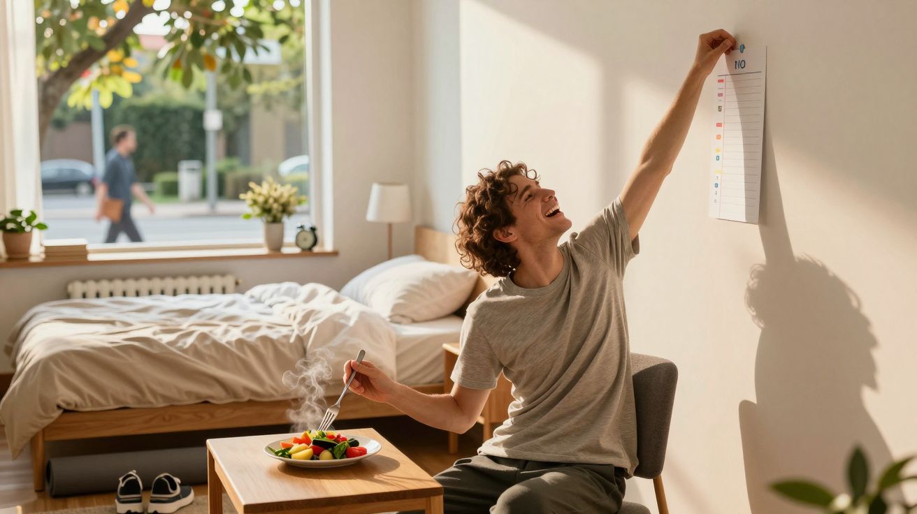 Jovem sentado a comer frutas numa mesa pequena, a colocar um planeador mensal na parede do quarto iluminado.