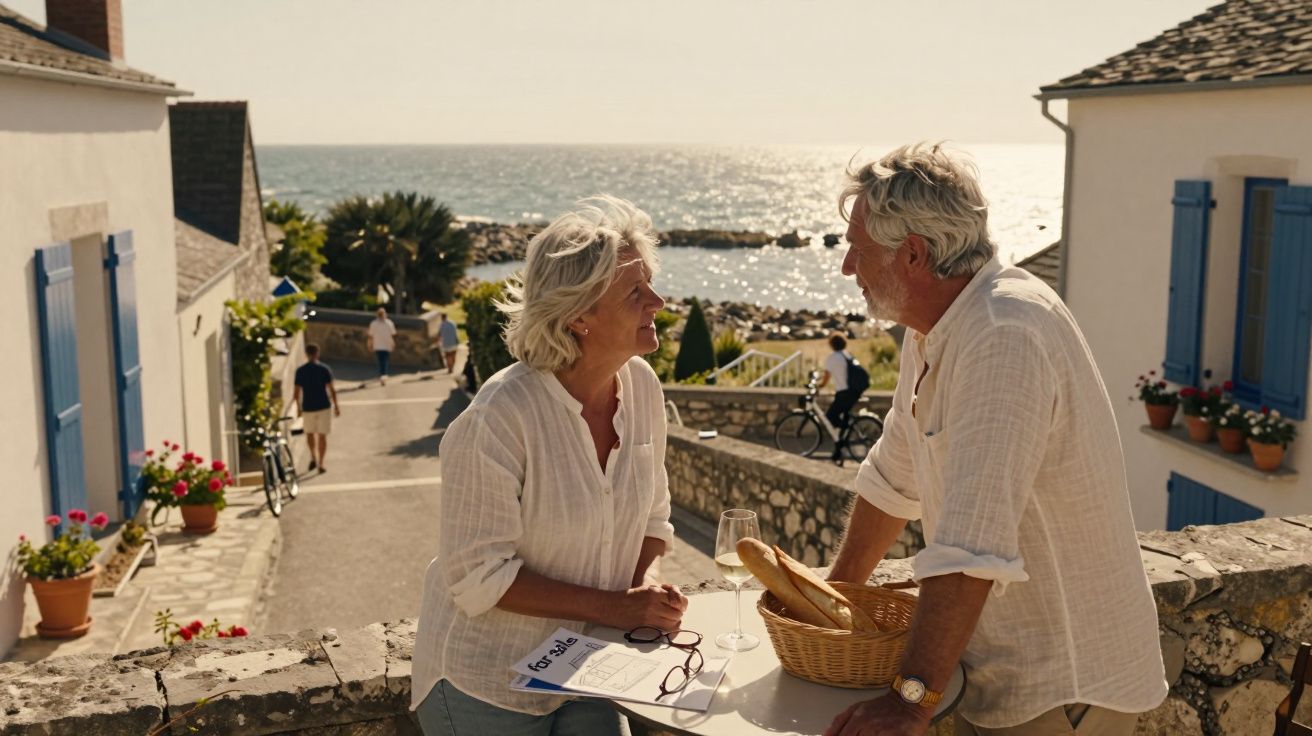 Casal sénior conversa sorridente num terraço com vista para o mar, com casa branca e flores ao redor.