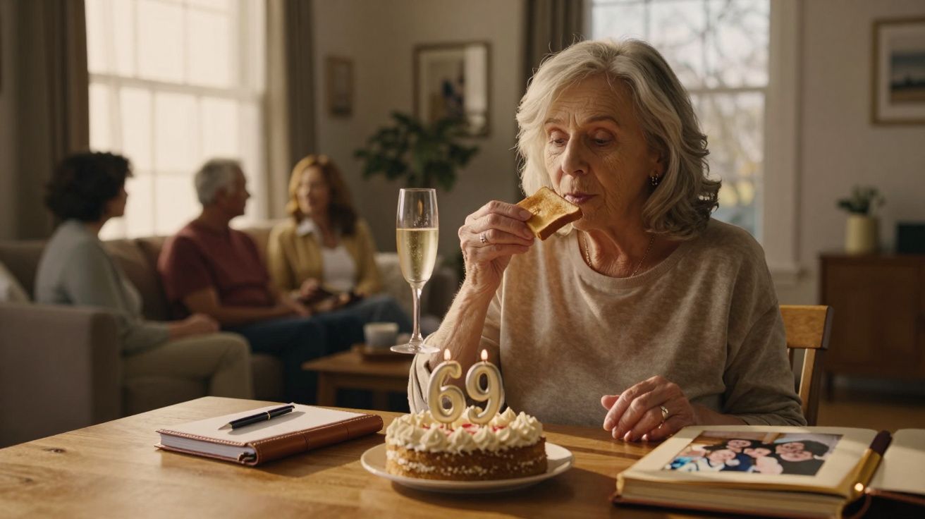 Mulher madura a comer fatia de bolo num aniversário de 69 anos, com amigos ao fundo a conversar.