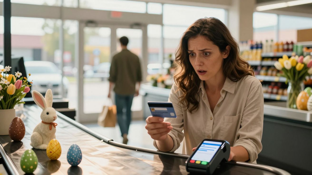 Mulher preocupada a tentar pagar com cartão num supermercado decorado com ovos e coelho da Páscoa.