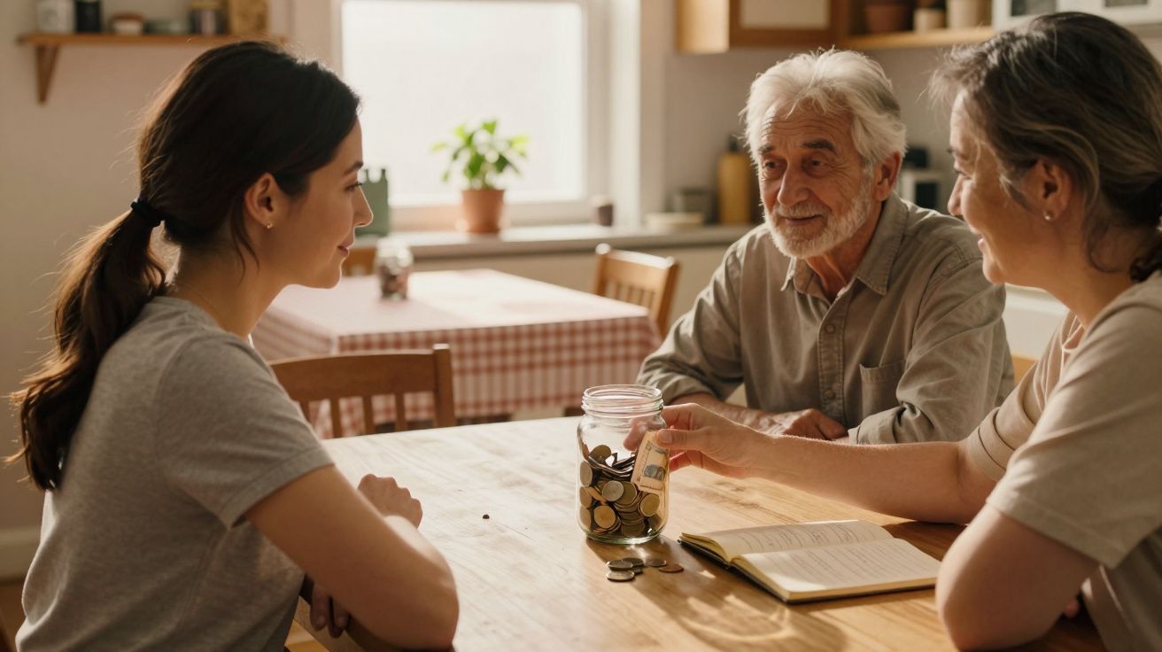 Três pessoas sentadas à mesa com um frasco cheio de moedas, a discutir finanças em ambiente doméstico.