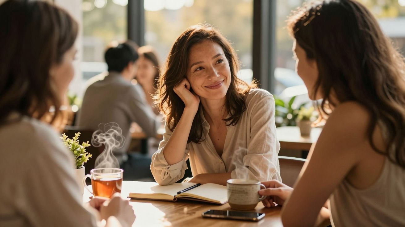 Três mulheres conversam e sorriem à volta de uma mesa com chá e café, num ambiente iluminado e acolhedor.
