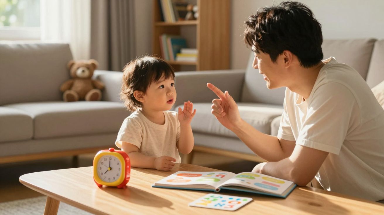 Pai ensina criança pequena em casa com livro aberto e relógio de brinquedo numa mesa de madeira clara