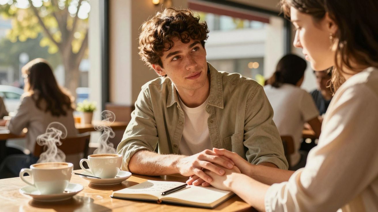 Jovens conversam de mãos dadas numa cafetaria com duas chávenas de café quente e um caderno aberto.