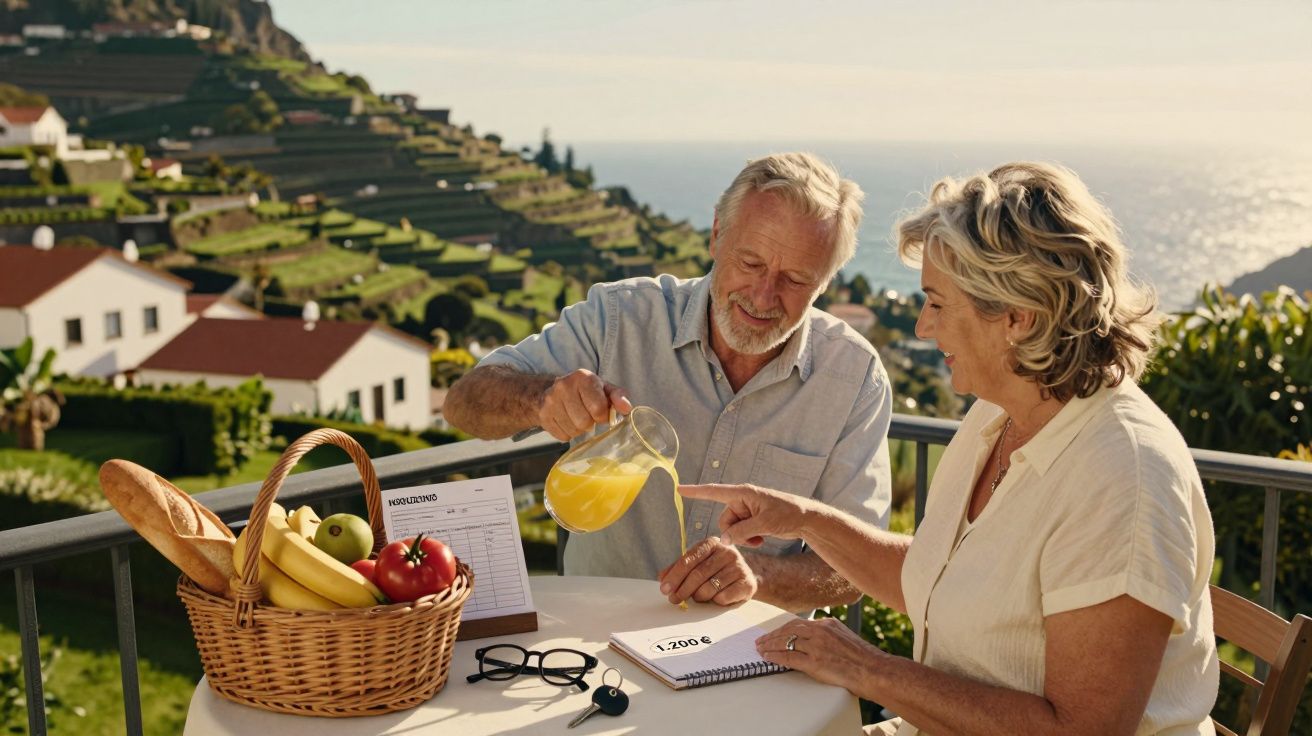Casal sénior a beber sumo numa mesa ao ar livre com cesto de frutas e paisagem costeira ao fundo.