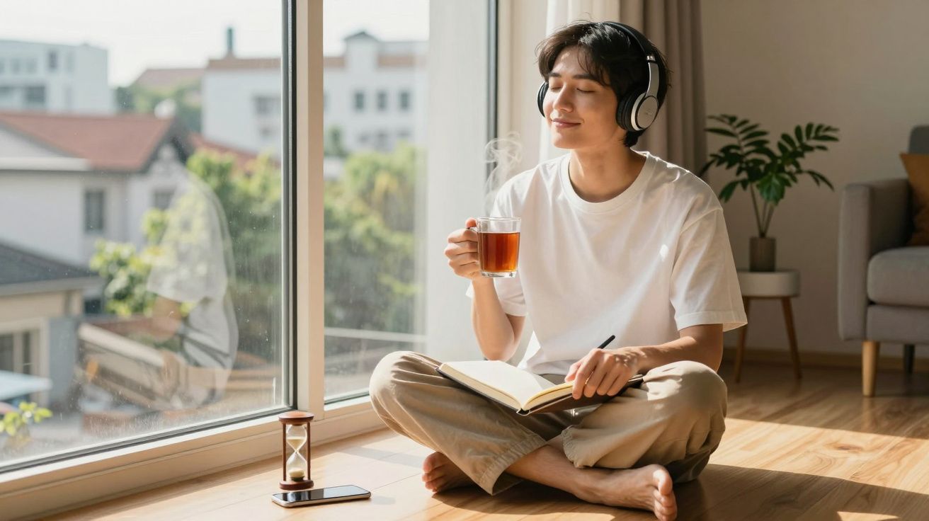 Pessoa sentada no chão junto à janela, a beber chá, ouvir música com auscultadores e a escrever num caderno.