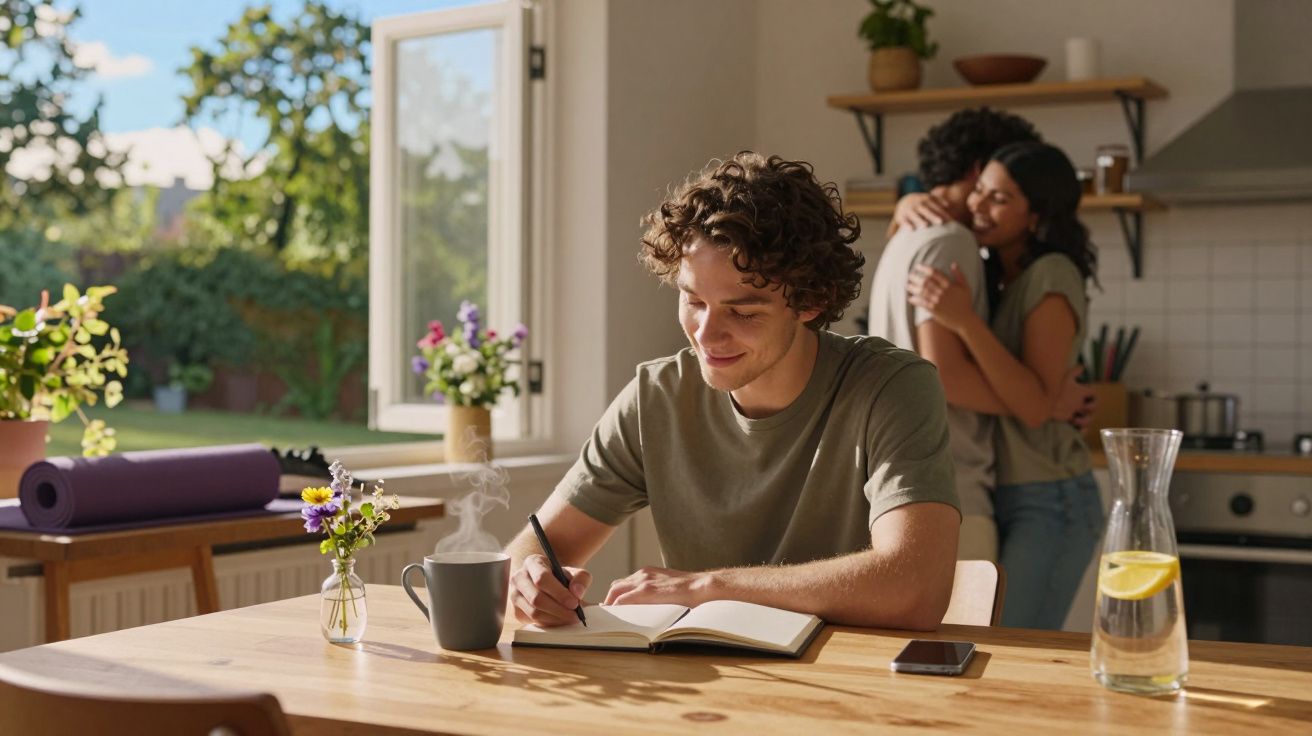 Jovem sentado a escrever num caderno, com chá quente e casal a abraçar-se na cozinha iluminada pela luz natural.