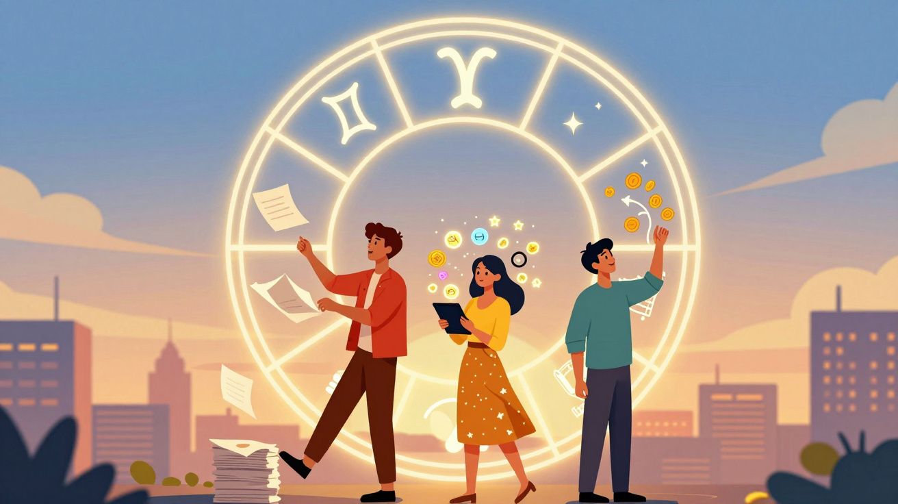 Ilustração de três pessoas interagindo com elementos digitais e símbolos do zodíaco ao pôr do sol.