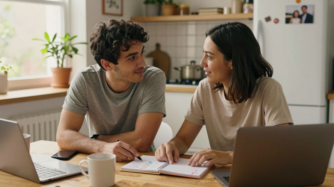 Jovem casal a planear finanças em caderno, sentados à mesa com dois portáteis na cozinha.