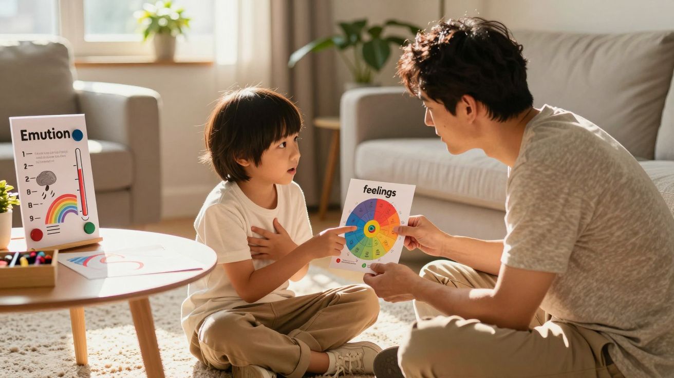 Criança e adulto sentados no chão a aprender sobre emoções com rodas coloridas e gráficos numa sala iluminada.