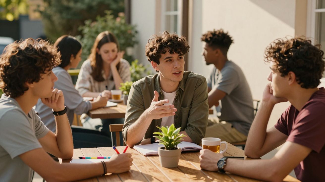 Jovens sentados à mesa ao ar livre a conversar e estudar numa tarde ensolarada.