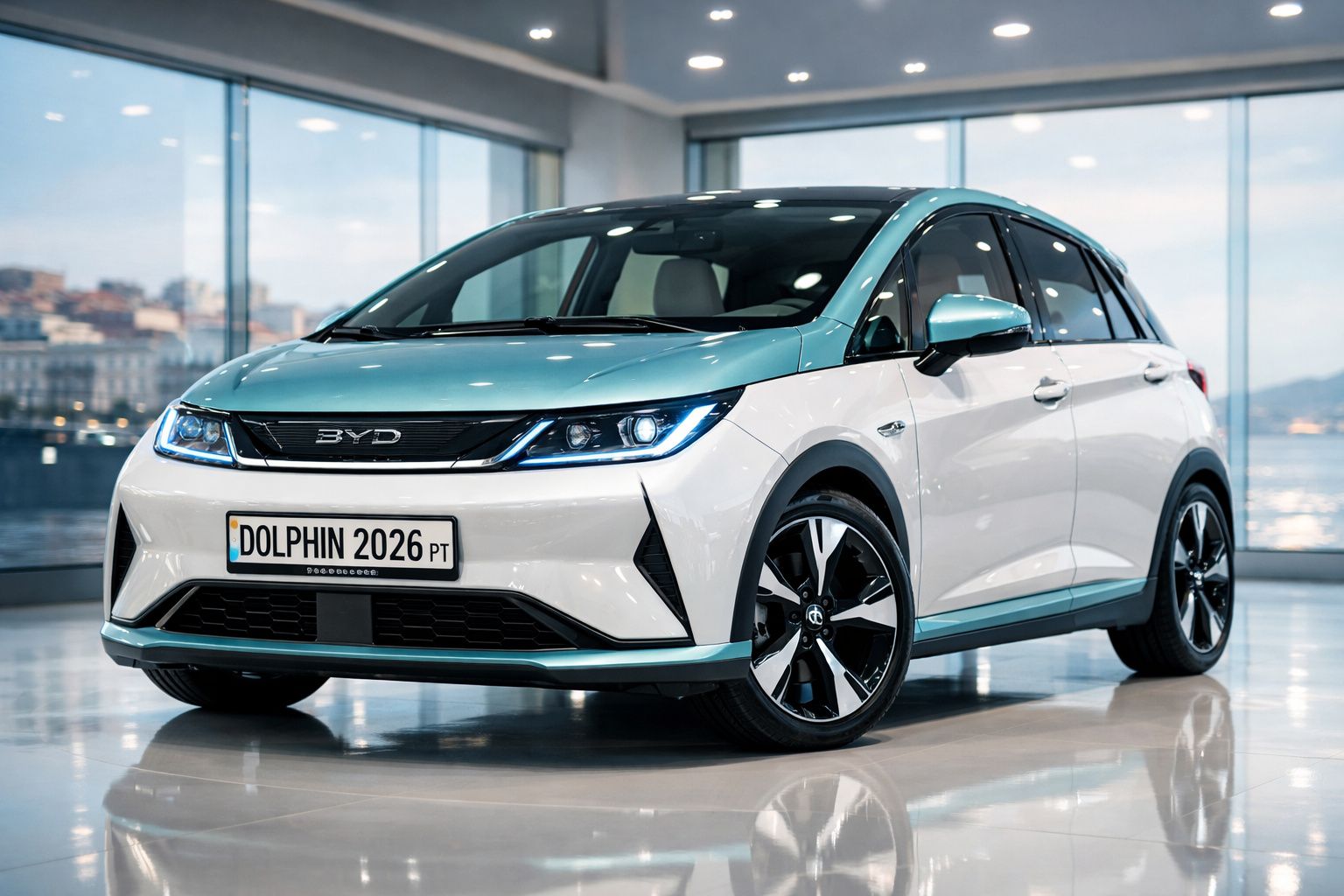 Carro elétrico BYD Dolphin 2026 branco e azul exposto numa sala moderna com janelas panorâmicas.