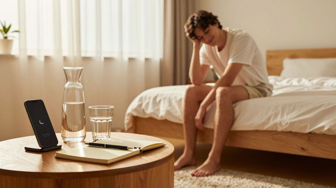 Homem sentado na cama com expressão cansada e mesa com jarro, copo, telemóvel e caderno à frente.