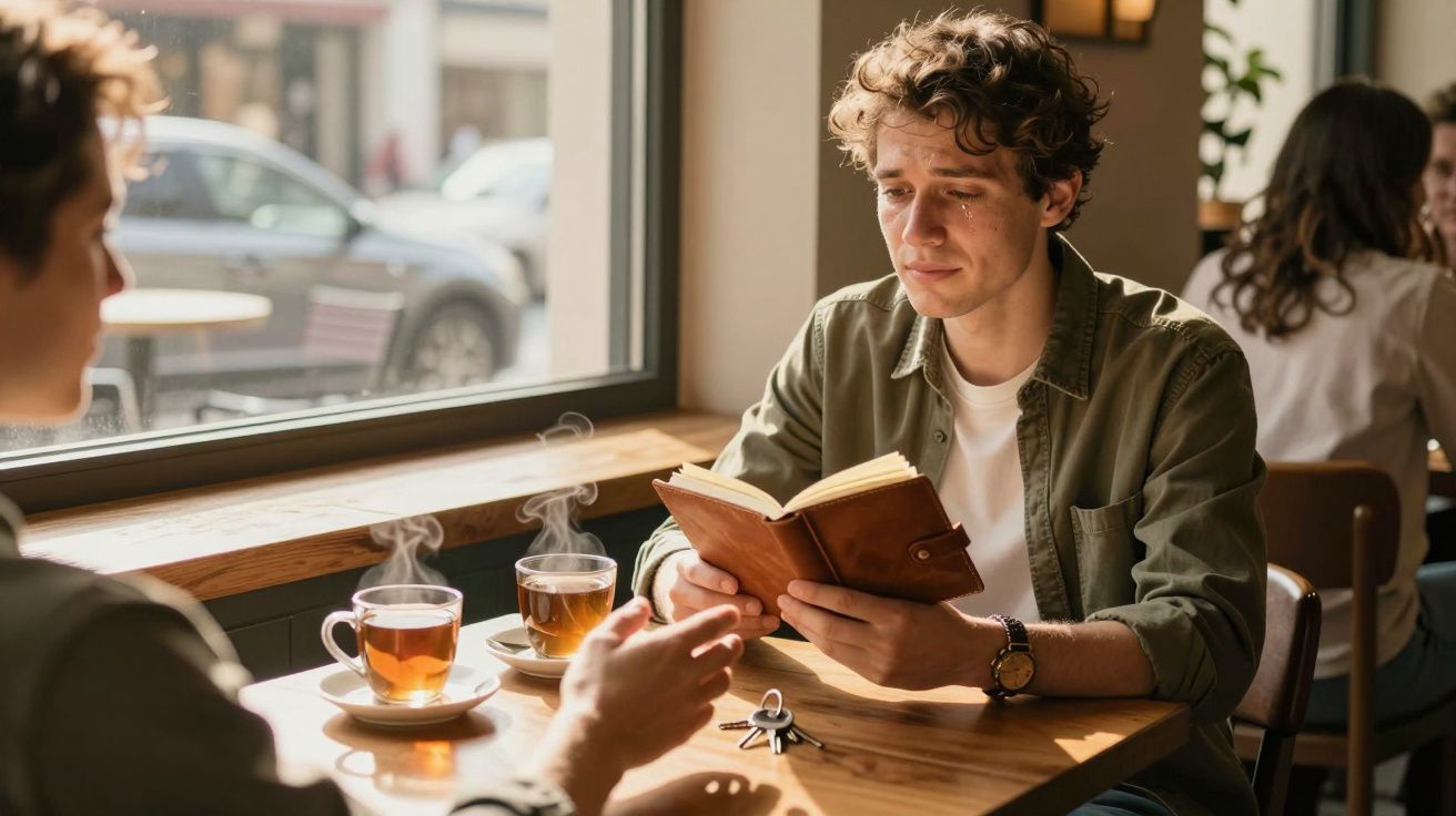 Dois jovens sentados à mesa de café com chá, um deles a ler um livro.