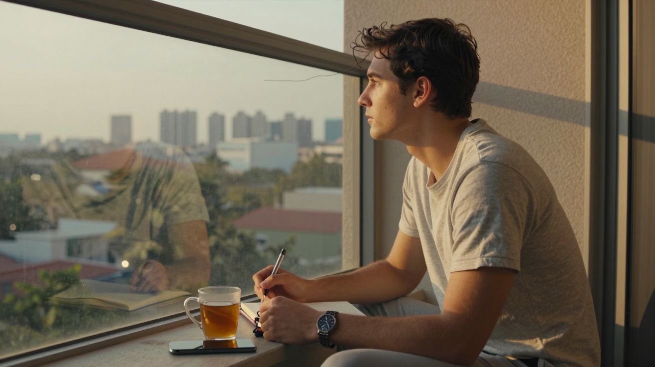 Jovem sentado junto a uma janela, escrevendo num caderno, com chá e telemóvel à sua frente.