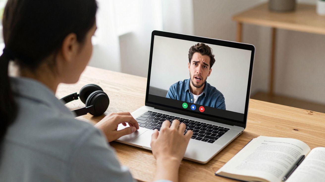 Pessoa numa chamada de vídeo num portátil, com auscultadores e livro aberto numa mesa de madeira clara.