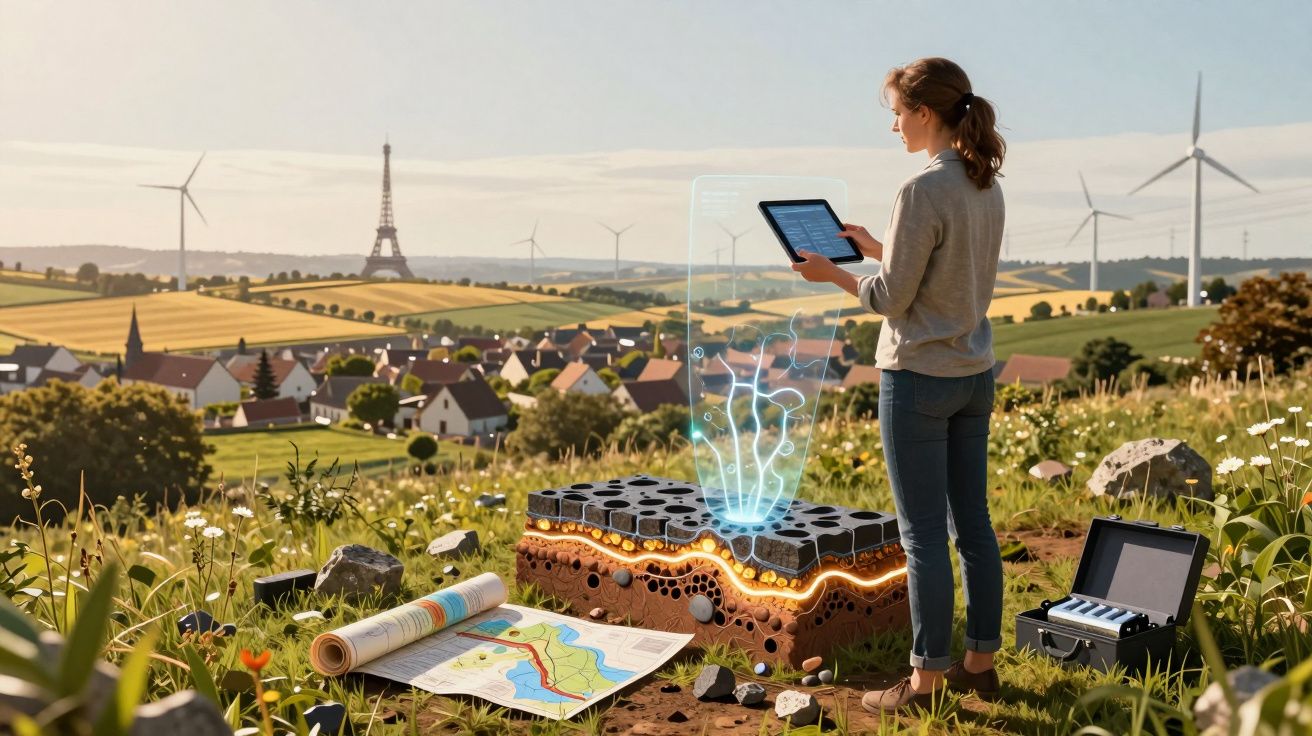 Mulher com tablet analisa dados geológicos holográficos em campo com turbinas eólicas e mapa aberto.