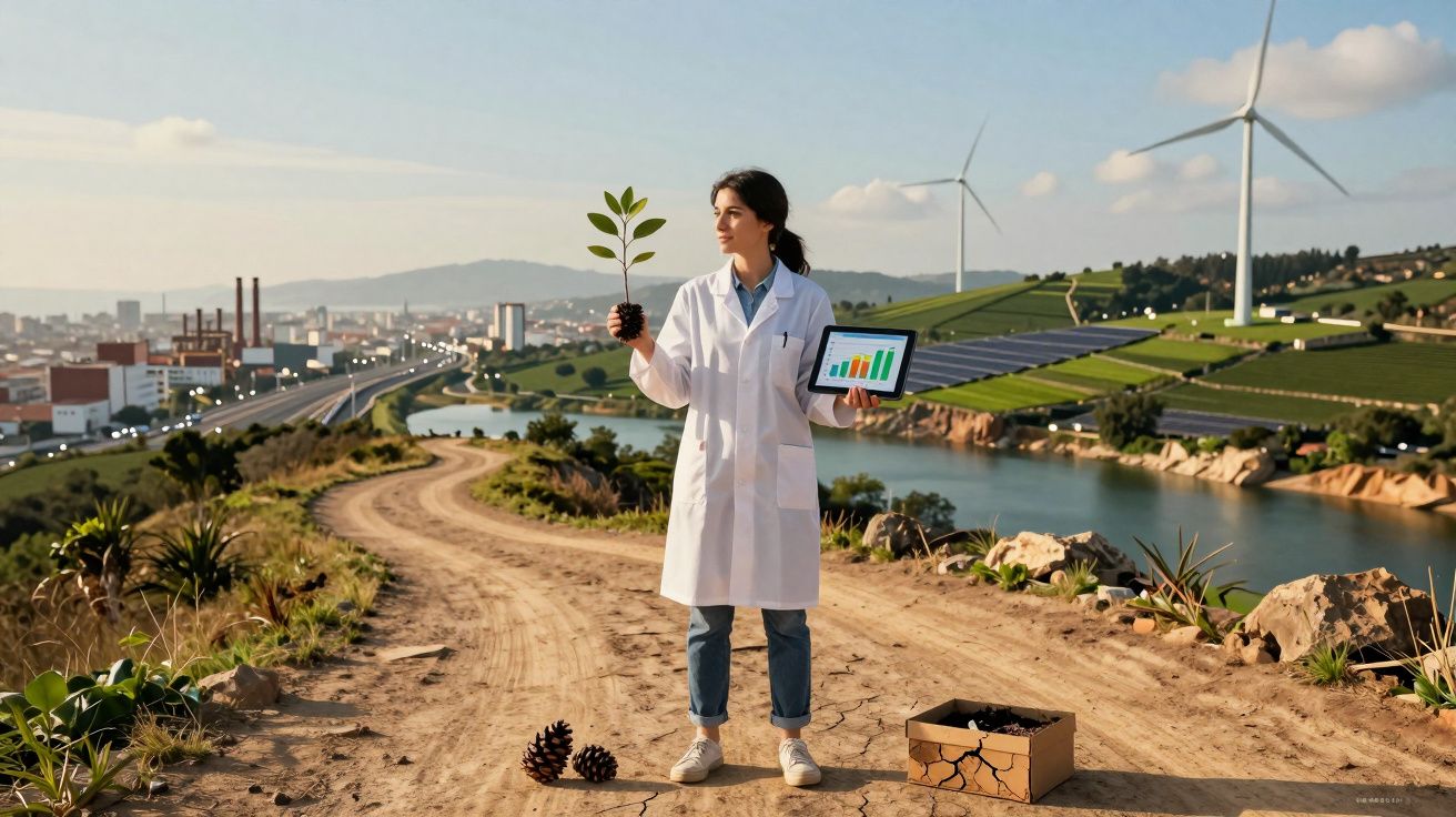 Mulher com bata branca segura planta e tablet numa paisagem com turbinas eólicas e painéis solares.