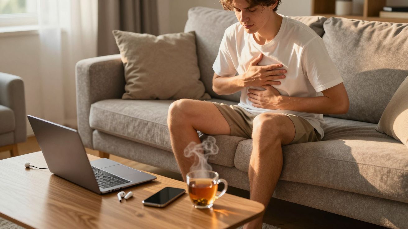 Jovem sentado no sofá com expressão de dor no peito, com chá quente e tecnologia numa mesa à frente.