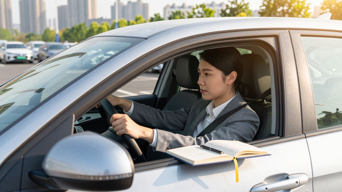 Mulher de fato cinzento a conduzir carro estacionado, com caderno aberto no vidro da porta.